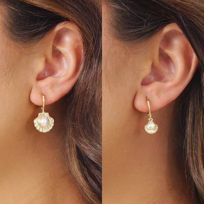 BRINCO CLIQUE EM METAL CONCHA COM PEROLA PEROLA 2 TAMANHOS // QTDE PCT: 5 PAR // VAL UNIT: R$ 7,55