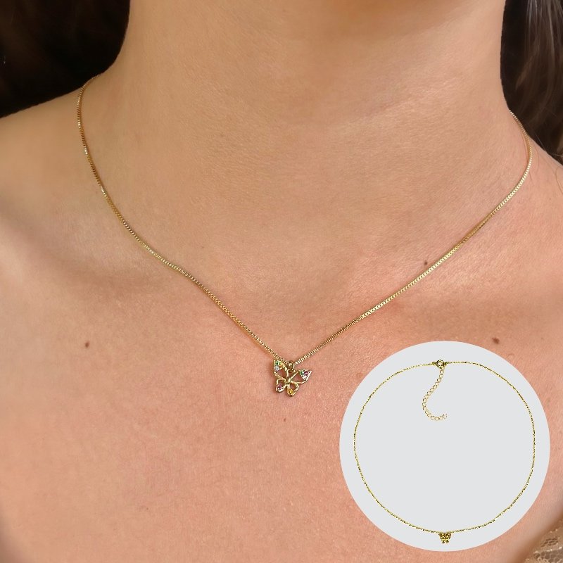 GARGANTILHA BORBOLETA ZIRCONIA COLORIDA 40CM COM EXTENSOR // QTDE PCT: 5 PC // VAL UNIT: R$ 5,15