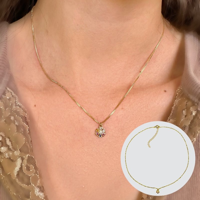 GARGANTILHA TREVO 6 LADOS ZIRCONIA COLORIDO 40 CM EXTENSOR 5 // QTDE PCT: 5 PC // VAL UNIT: R$ 6,30