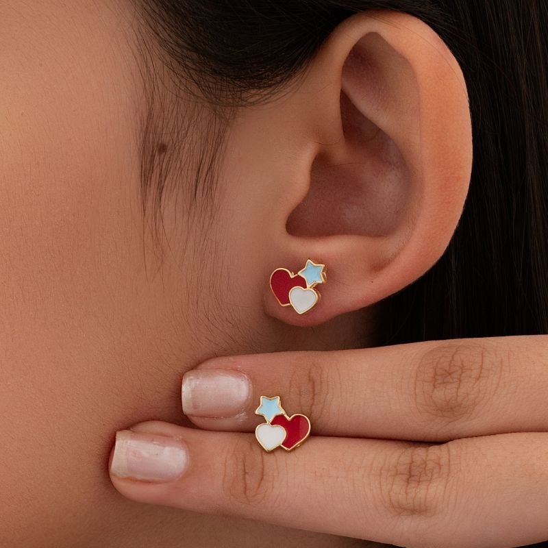 BRINCO DOIS CORACOES E UMA ESTRELA COM RESINA // QTDE PCT: 5 PAR // VAL UNIT: R$ 3,58